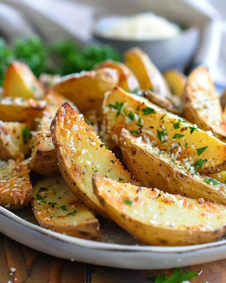 Crispy Garlic Parmesan Potato Wedges served in a bowl, garnished with herbs.