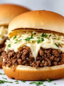 Plate of French Onion Beef Sloppy Joes garnished with cheese and herbs