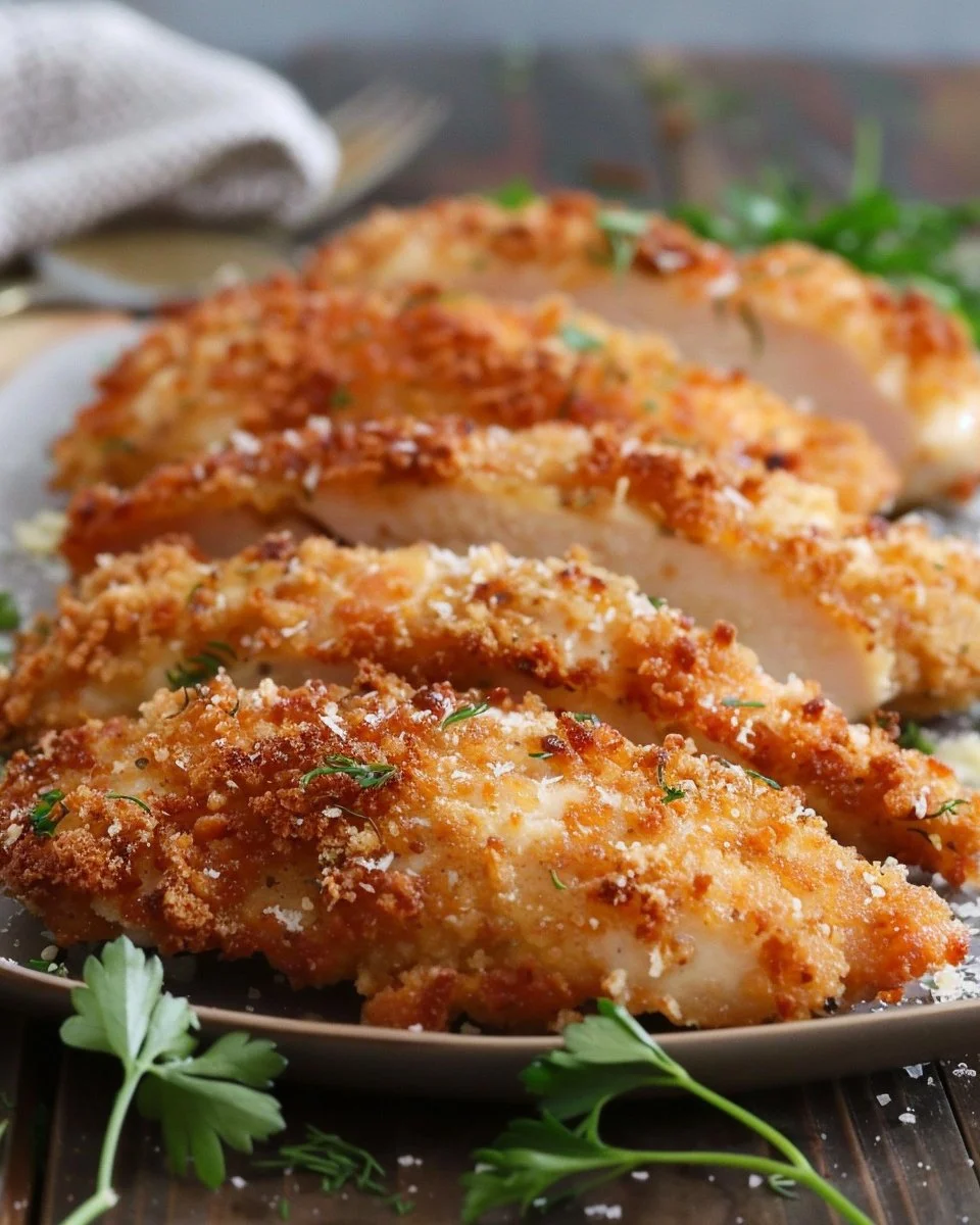 Delicious Parmesan Chicken flavored with dill pickles served on a plate