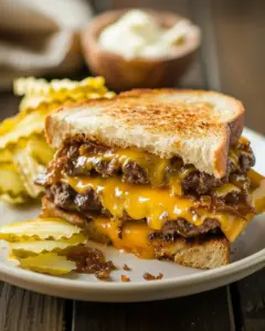 Delicious patty melt sandwich with beef, cheese, and grilled onions