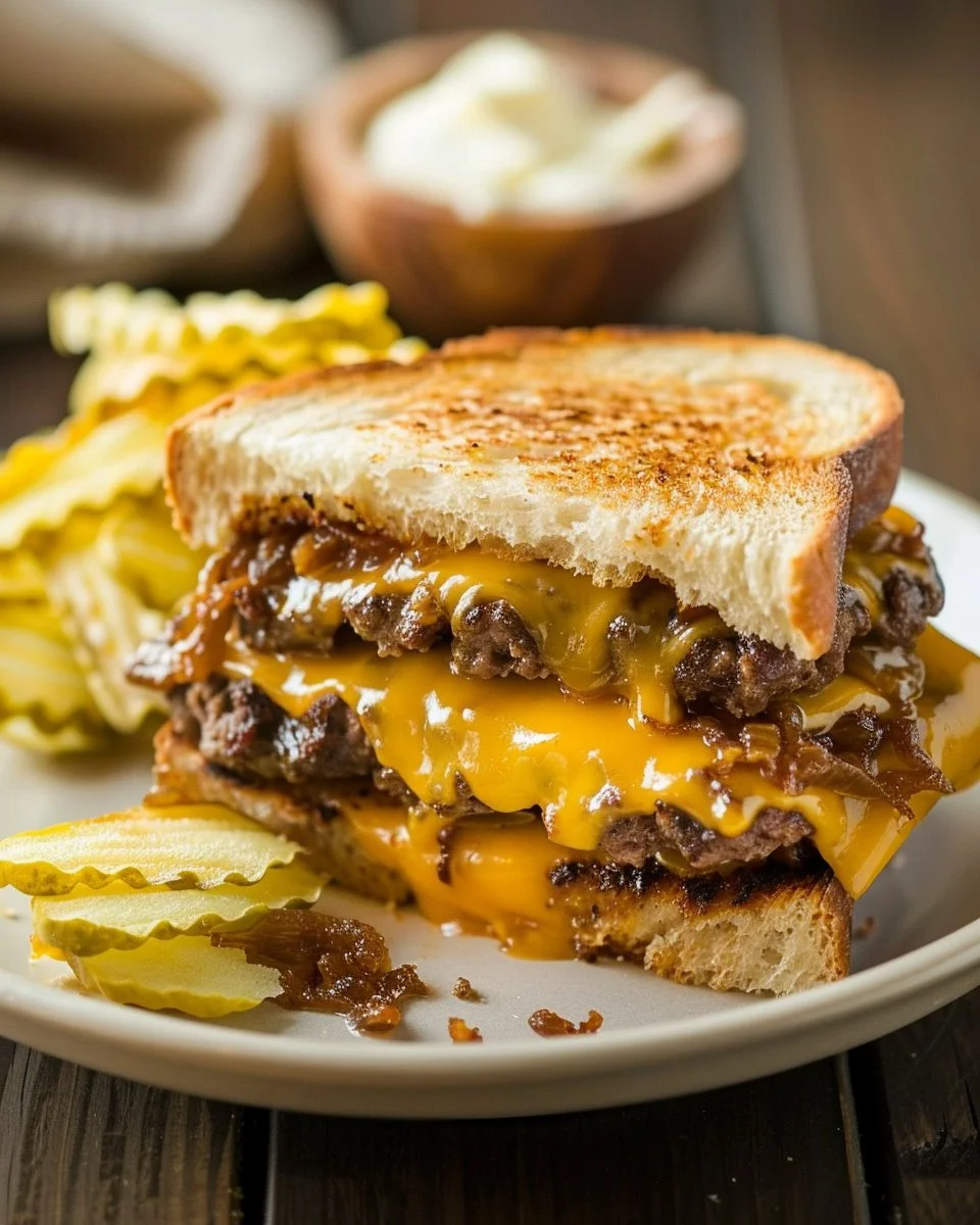 Delicious patty melt sandwich with beef, cheese, and grilled onions