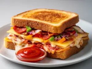 Melted cheese and pepperoni in a Pizza Grilled Cheese sandwich