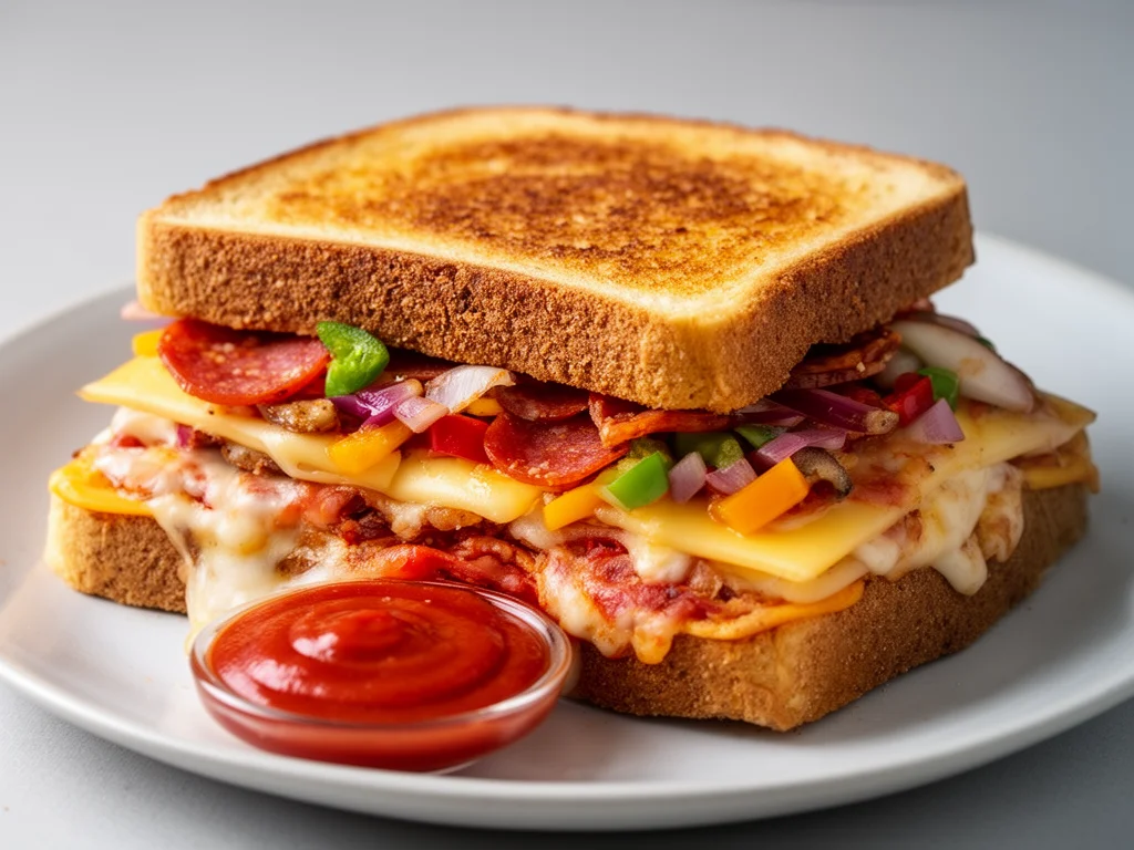 Melted cheese and pepperoni in a Pizza Grilled Cheese sandwich