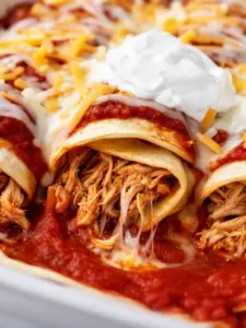 Quick and easy enchiladas topped with cheese and garnished with fresh cilantro.