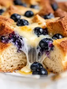 Delicious quick blueberry French toast casserole dish ready to serve.