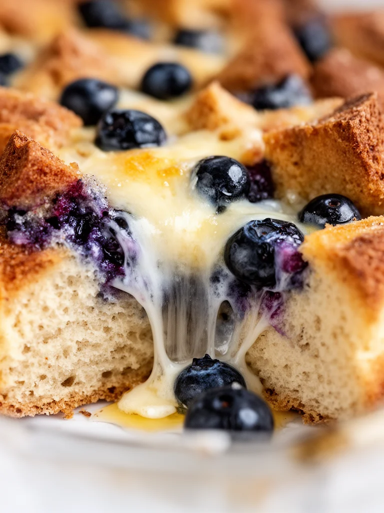 Delicious quick blueberry French toast casserole dish ready to serve.