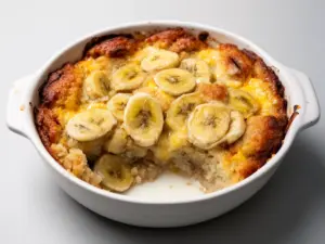 Delicious Southern banana cobbler topped with fresh bananas and a golden crust