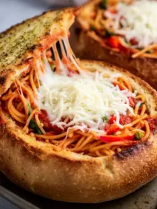Spaghetti served in a crispy garlic bread bowl for a delicious meal.