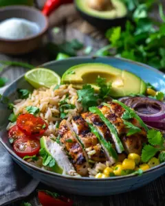 Delicious Street Corn Chicken Rice Bowl topped with fresh ingredients