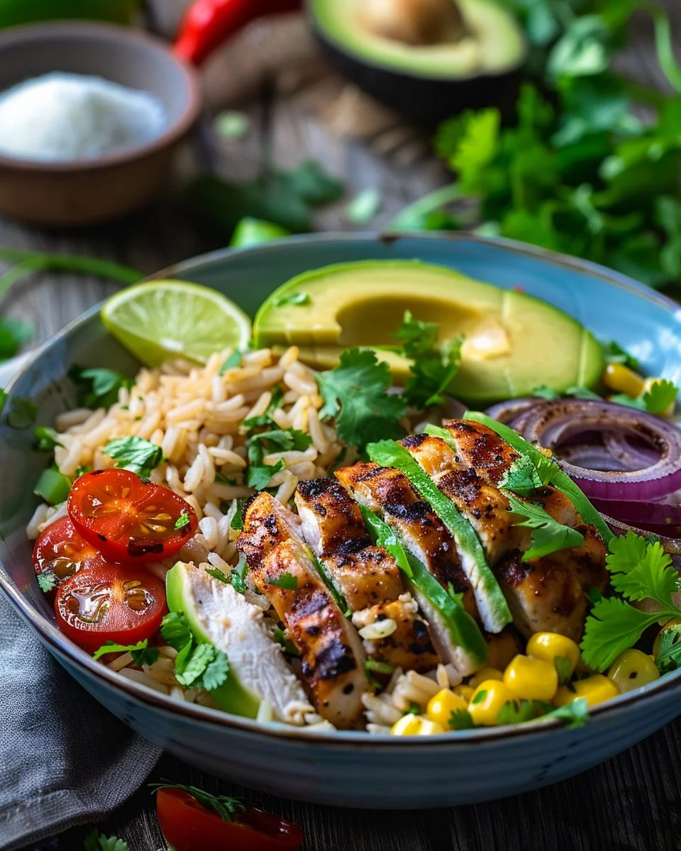 Delicious Street Corn Chicken Rice Bowl topped with fresh ingredients
