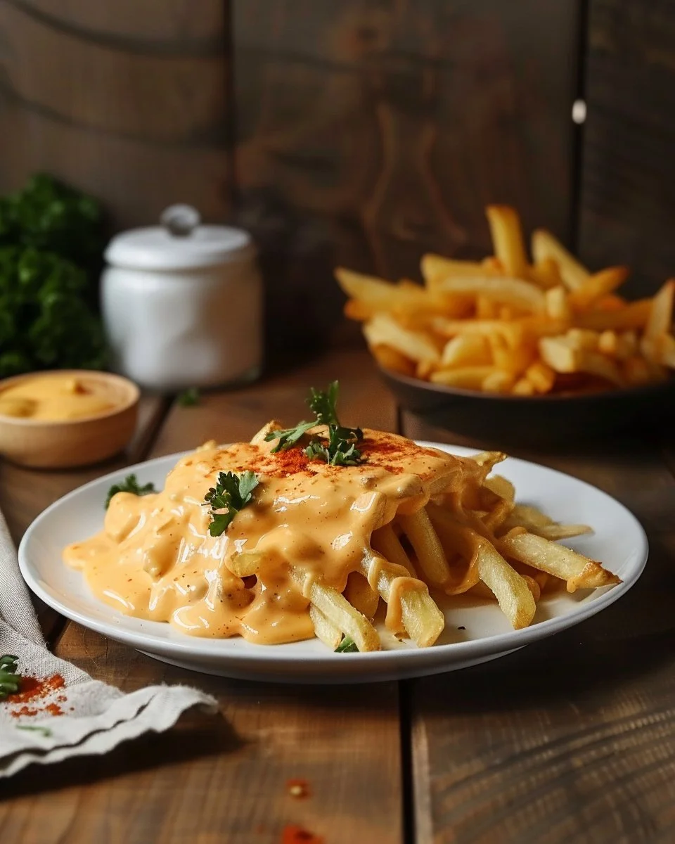 Creamy ultimate cheese sauce drizzled over crispy fries