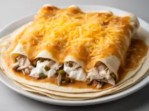 Delicious white chicken enchiladas topped with creamy sauce and cheese